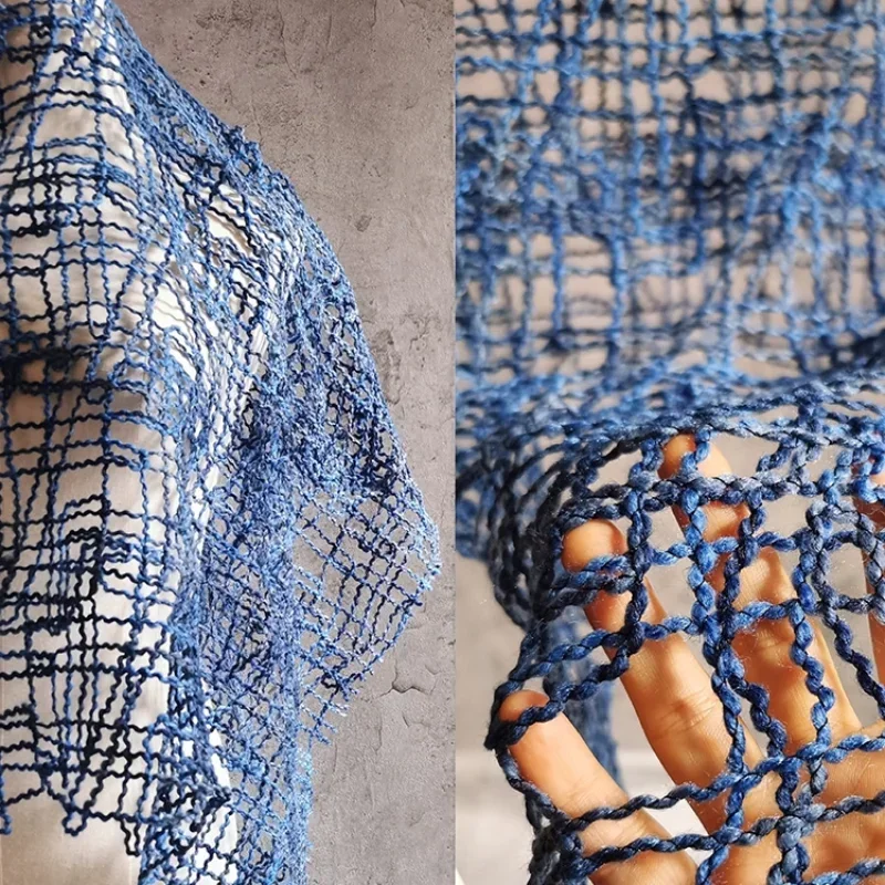 Weaving Large Mesh with Irregular and Oversized Hollow Mesh Fabric  Blue and White Mesh Fabric  Designer Fabric