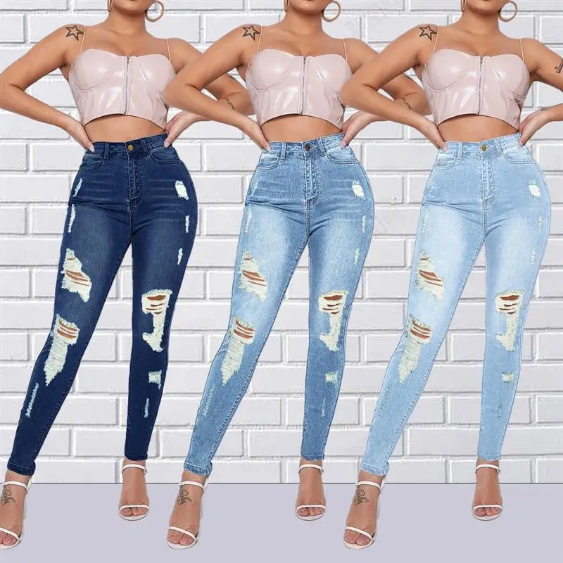 M216 Cross-Border Denim Jeans Hole Punch Slim Fit Elastic Skinny Jeans Trendy Long Pants for Women Winter Collection