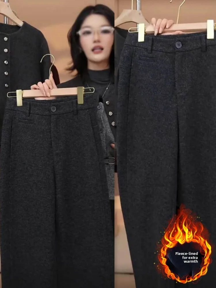 Damskie wełniane spodnie z szerokimi nogawkami, miękkie, proste, do pracy, z wysokim stanem, z detalami, w stylu koreańskim.