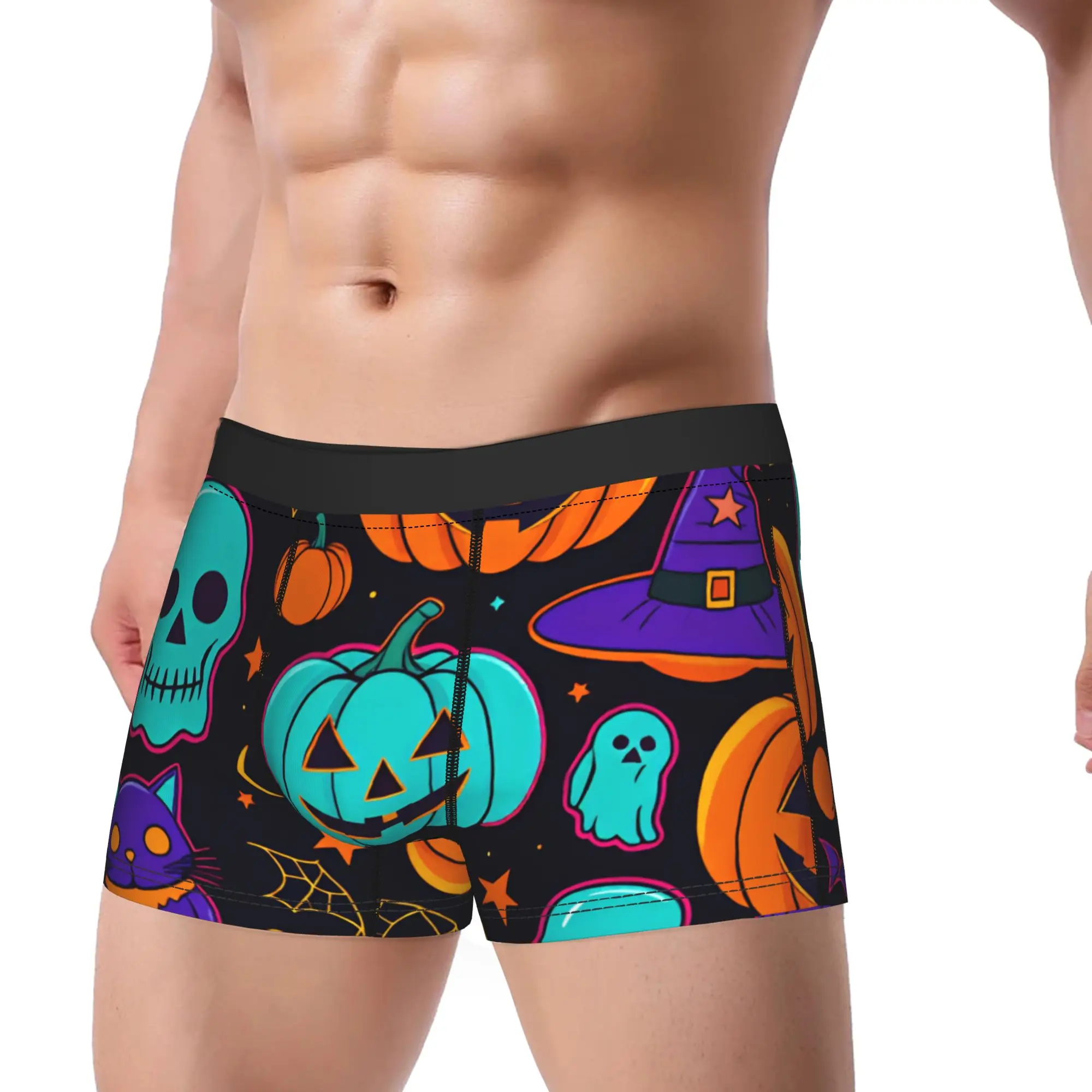 Halloween Skull Cat Witch Hat Pumpkin Ghost Seamless Pattern Underwear  Men's Underpants Customs Trunk Trenky ShortsSize