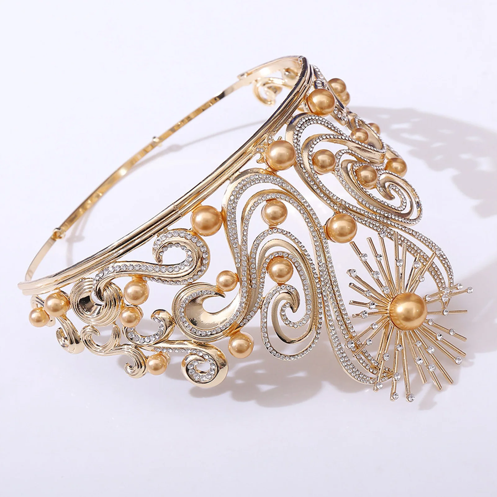 الملكي الملكة تاج الذهب اللون سبيكة التيجان لامعة حجر الراين اللؤلؤ تصاميم العروس الزفاف رباطات الجمال مسابقة حفلة diadema