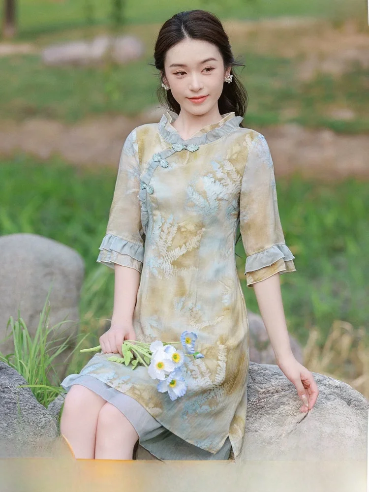 

New Chinese Style Firework Pressed Dress Waist Cinched Silk Short Retro Design Daily Wear Floral Print