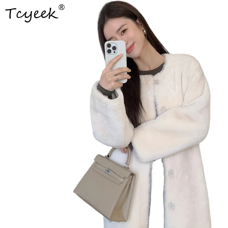 

Tcyeek Real Wool Autumn Winter Fur Integrated Round Neck Solid Color Medium Length Women's Lamb Wool Fur Coat Fourrures Femme