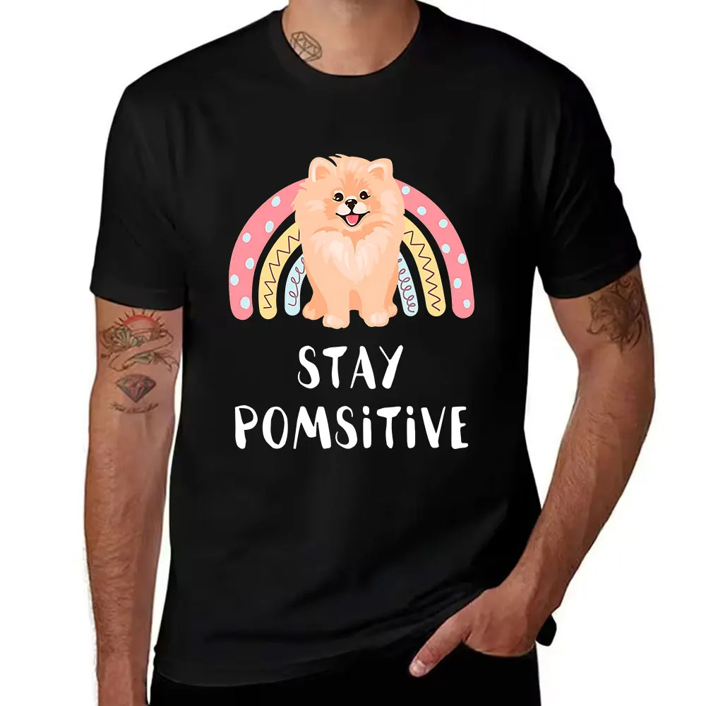 Men's Cotton T-Shirt Cute Smiling Pomeranian with Rainbow Print Casual Short Sleeve Tee