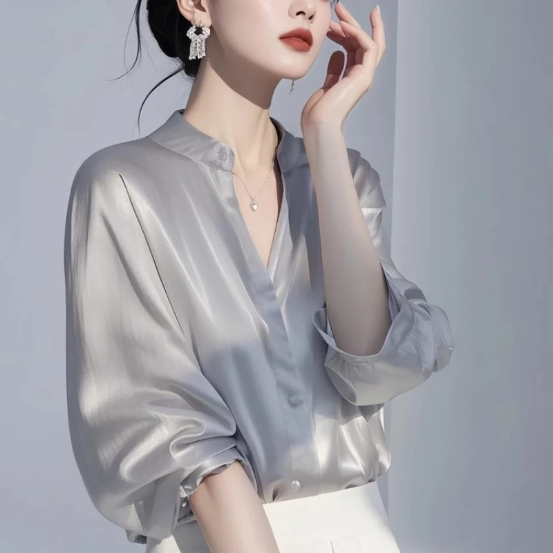 

Атласные женские блузки в корейском стиле, модные свободные рубашки для весны/лета, повседневная одежда, однотонные женские топы с коротким рукавом