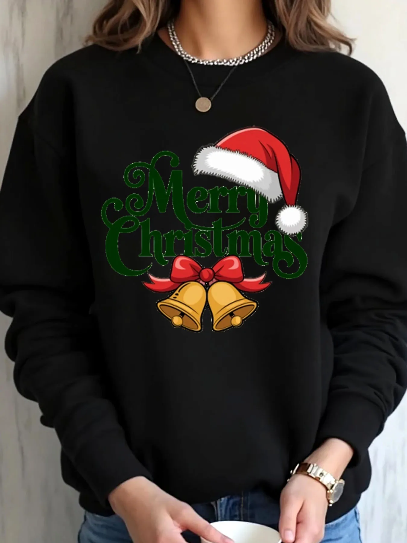 Women Oversized Sweatshirt Christmas Santa Hat Bells Merry Christmas Print Outdoor Wear