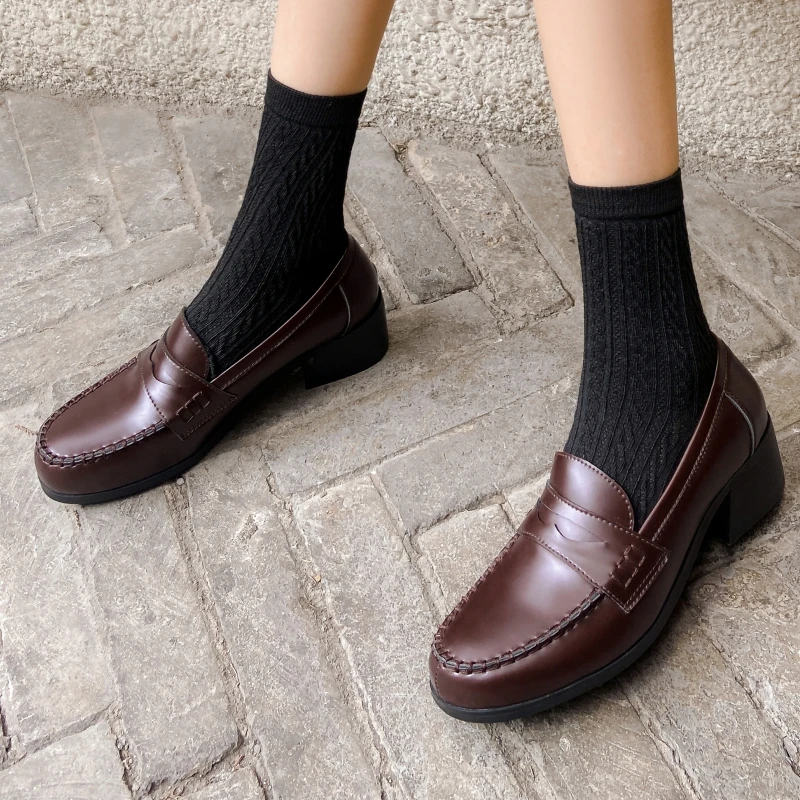 Comfortable Women\'s Flats Loafer Shoes Genuine Leather Casual Big Size 45 Black Brown Oxfords Chunky Shoes Slip On Handmade