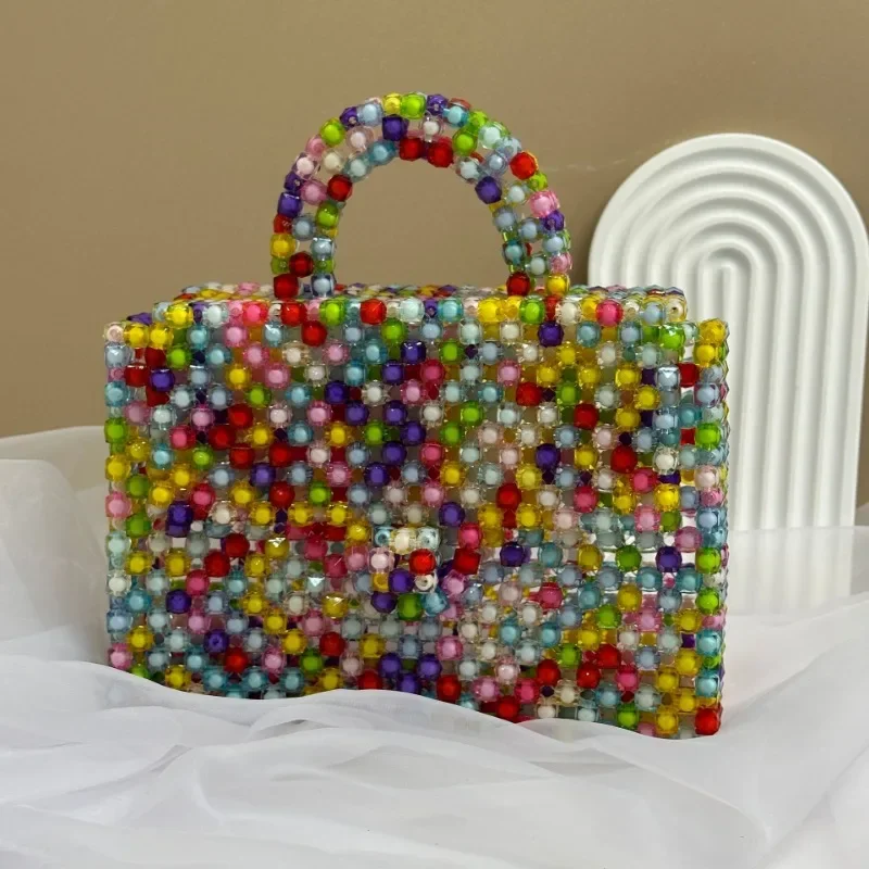 

2023 Creative Retro Colorful Flap Woven Beaded Handbags for Women Fashion Personalized Multi Color Handmade Women's Crystal Bag
