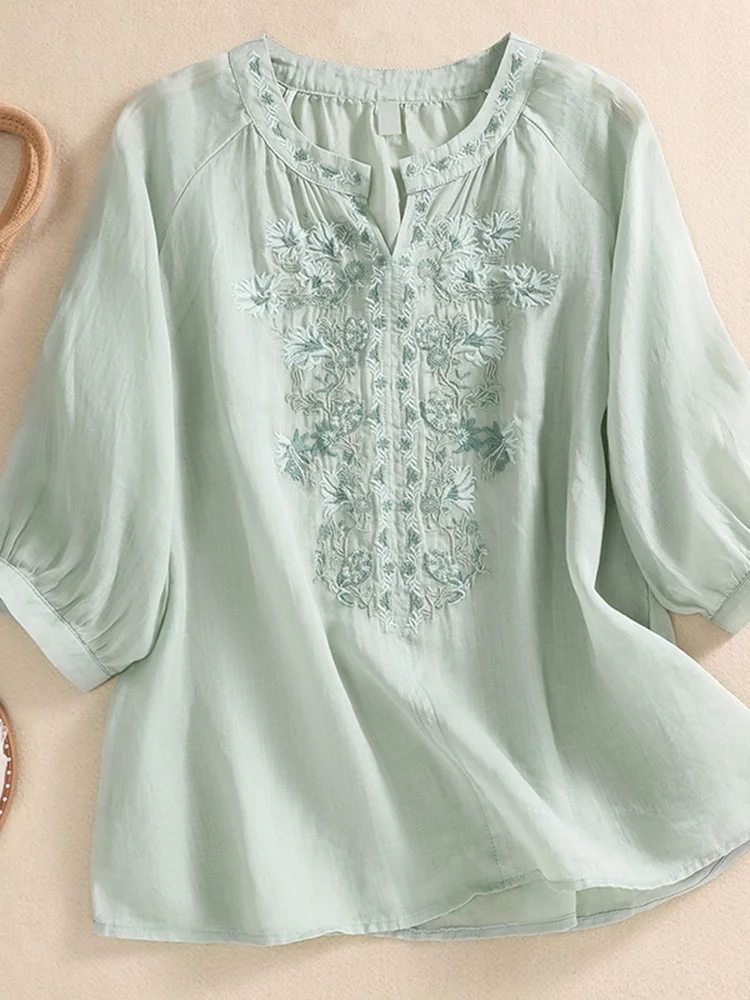 

plus Size Women's Cotton Linen Color Embroidered irt Summer V Ne Thin Casual Versatile Loose Fit Top