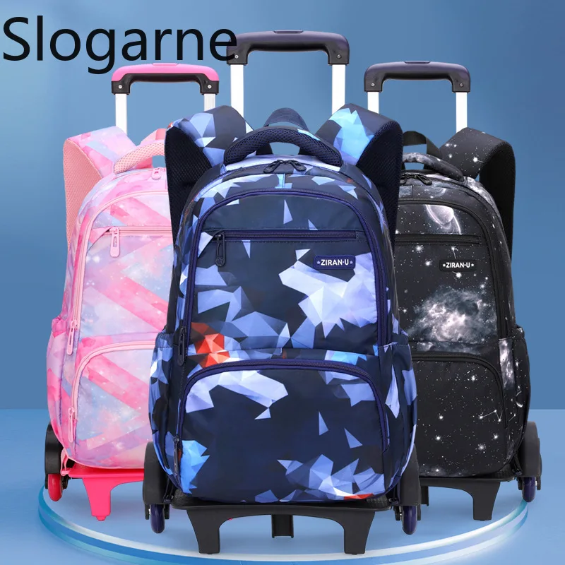 Kids School Bag with Wheels Rolling Backpack Boy Wheeled School Bags 6 Wheels Trolley Bookbag Men Traval Bags Fahsion Backpack