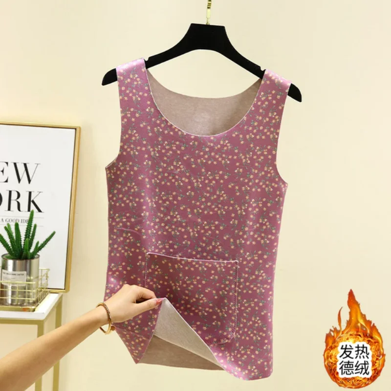 Women's Floral Warm Vest Sleeveless Base Self Heating Slim Fit round Neck Camisole Top for Winter with Added Velvet Tank J2139