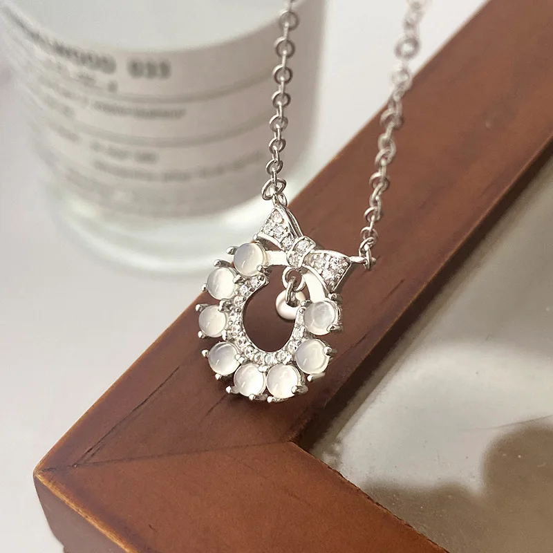 

100% 925 Sterling Silver Chalcedony Bowknot Necklace for Women Girl Zircon Geometric Design Jewelry Party Gift Dropshipping