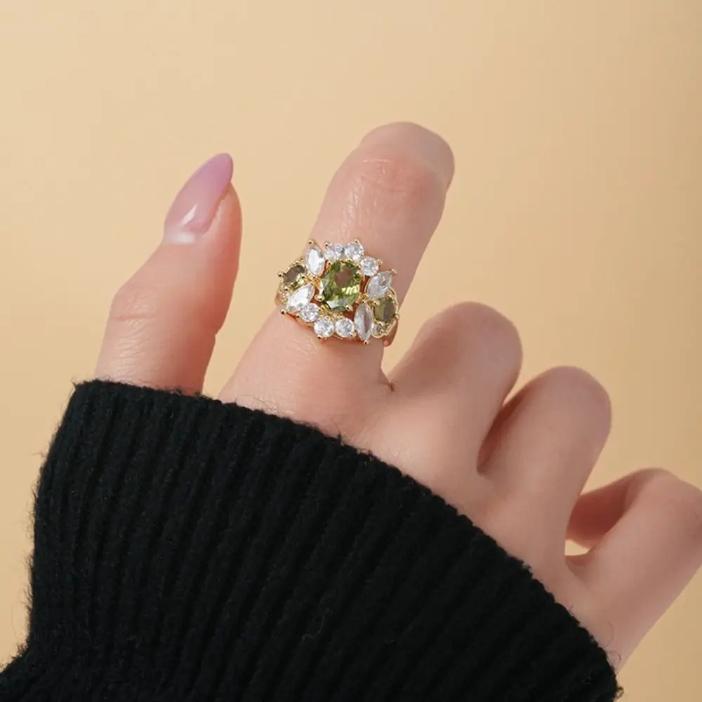 Mode Prachtige Groene Strass Ringen Verstelbare Franse Stijl Vintage Zirkoon Ringen Sieraden Opening Shining Ringen Party