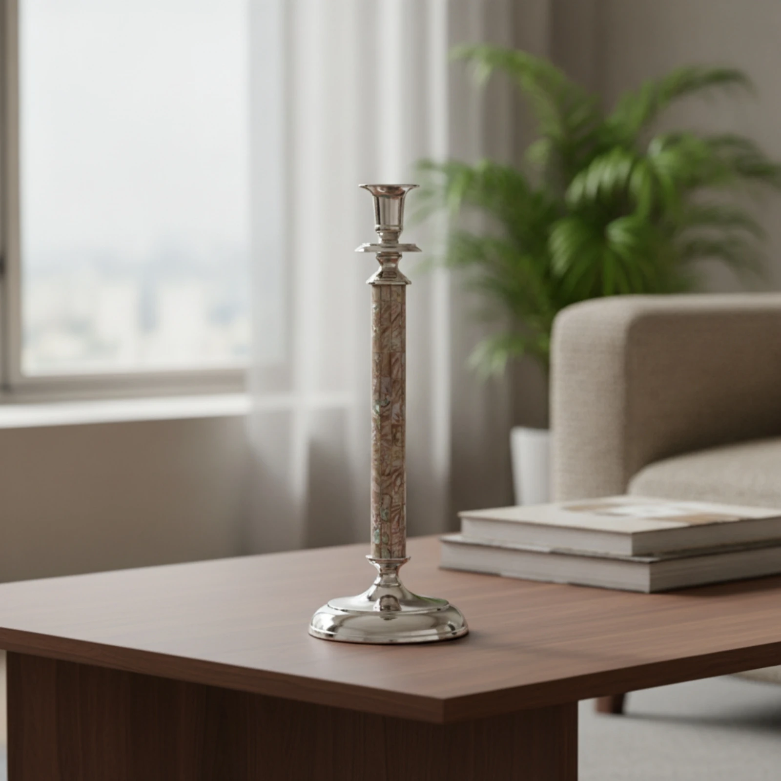 Candlestick with Shell Inlay Decorative Silver Candlestick Candle Holder Iridescent Candles Vintage-Inspired for Table, Bar