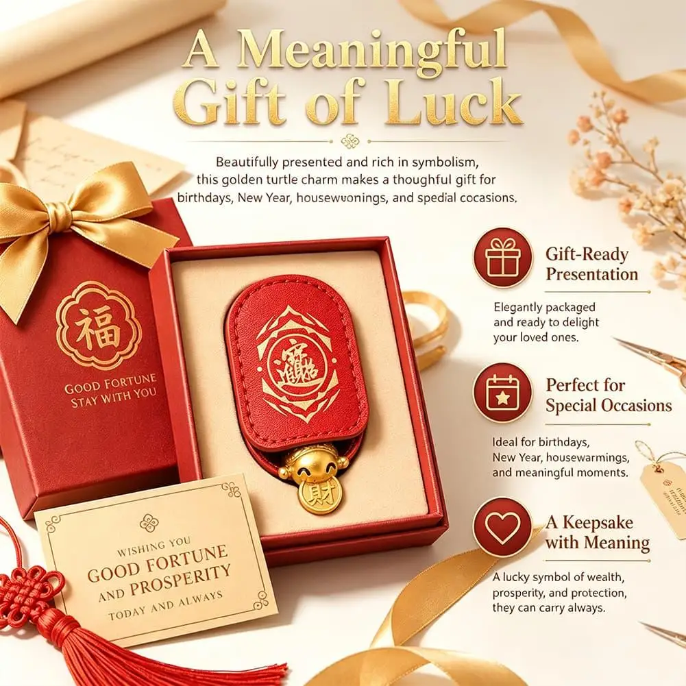 Chinese Feng Shui Lucky Golden Turtle Charm Brass Wealth Amulet With Leather Sleeve Compact Pocket Talisman Ornament Premium