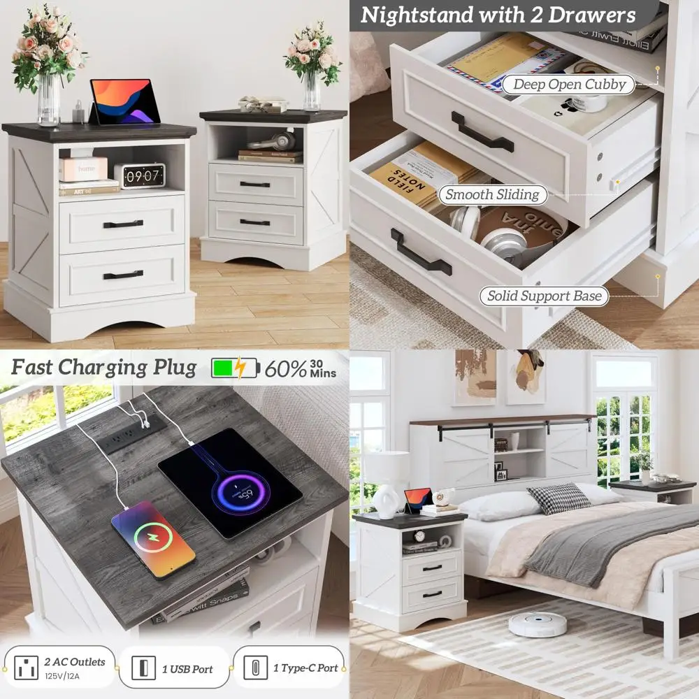 

Pair of 24 Inch Farmhouse-Style Nightstands with Charging Dock, Storage Drawers and Open Shelves, Rustic Design