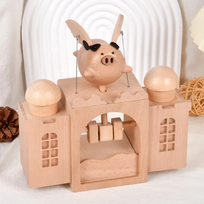 Flying Pig Music Box Rechargeable Creative Birthday Gift Sky City Electric Little Flying Pig Wooden Ornament