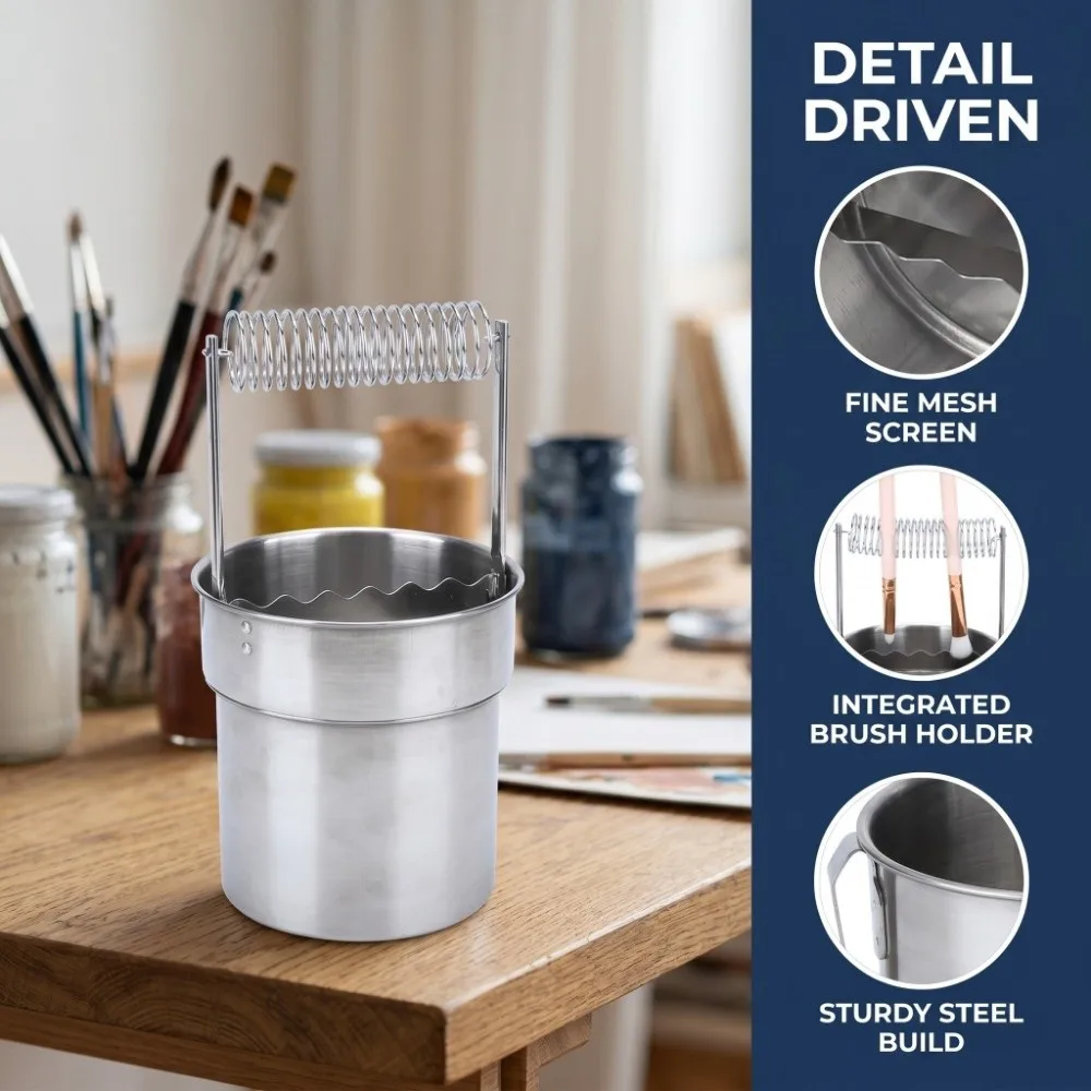 Large Capacity Double-layer Stainless Steel Artist Brush Washer Sturdy Portable Filterable Art Washing Container