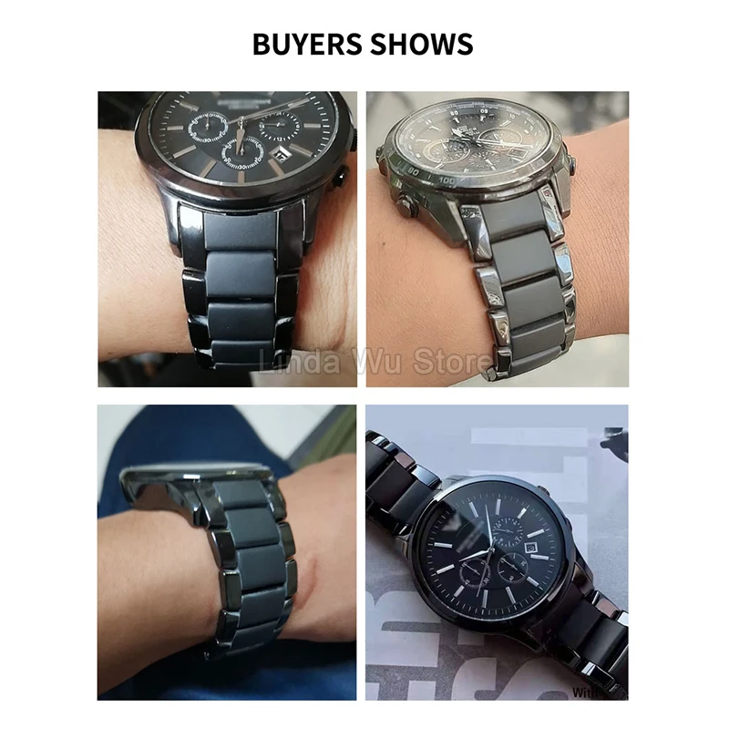 Black Ceramics Men's Watchband for Armani Ar1451 Ar1452 Ar1400/1410 Double Press Buckle Solid Stainless Steel Replacement Strap