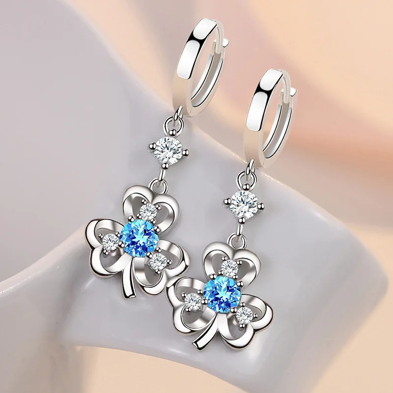 KOFSAC Botanical Clover Heart Crystal Earrings Girls Vintage Jewelry 925 Sterling Silver Earrings Women's Fashion Long Earring