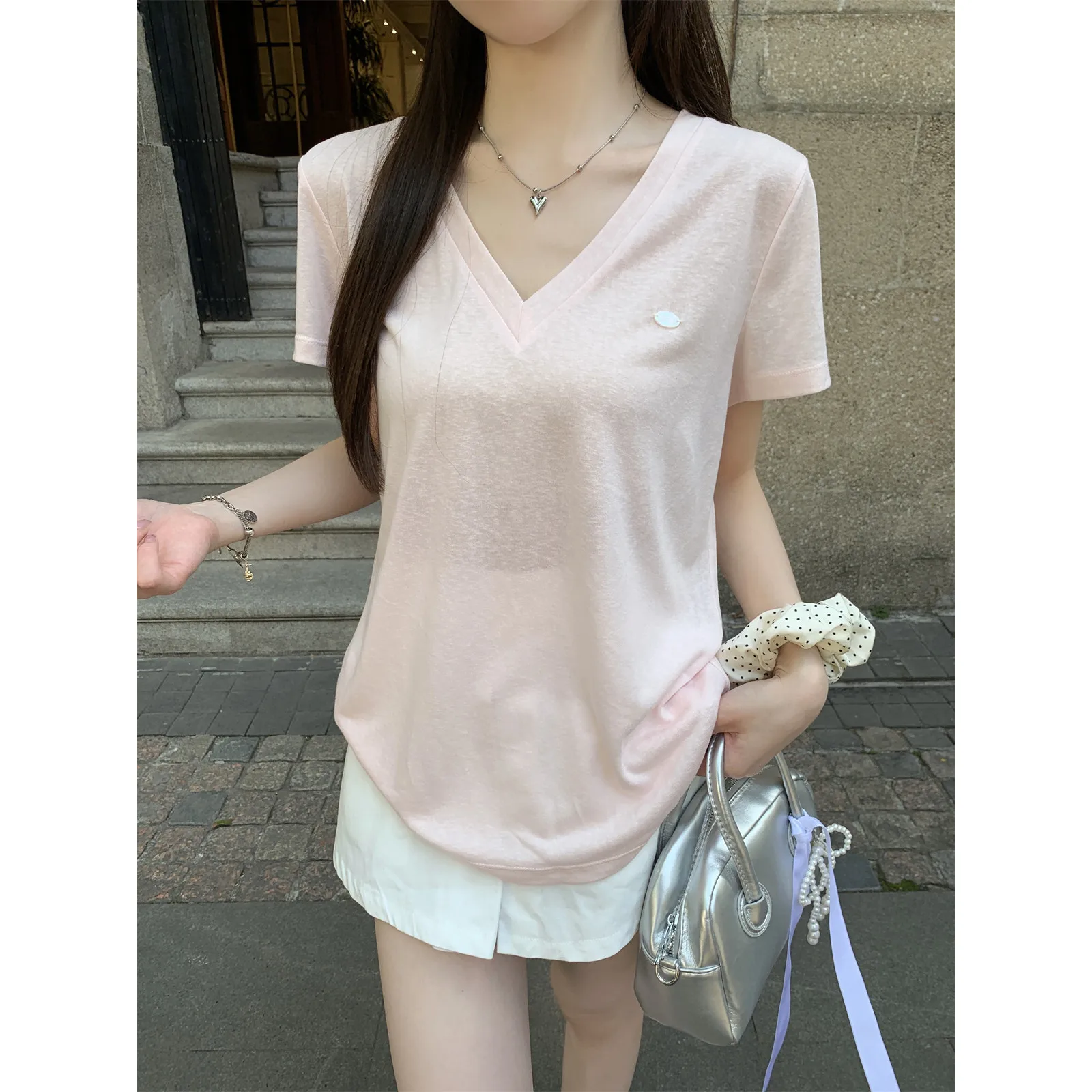 Pink Transparent Sexy T-shirts Women Korean Fashion V-neck Tops Casual Loose Y2K Tees Shirts Vintage Cheap Clothes Woman Tshirts