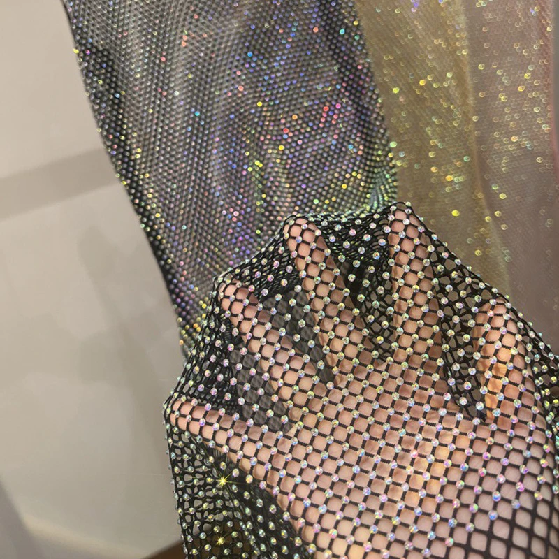 Damen Strass-Netzkleid Durchsichtiges Mesh-Midikleid Funkelndes Transparentes Bodycon-Partykleid Nachtclub-Outfit Festival-Rave-Outfit – Detail 9