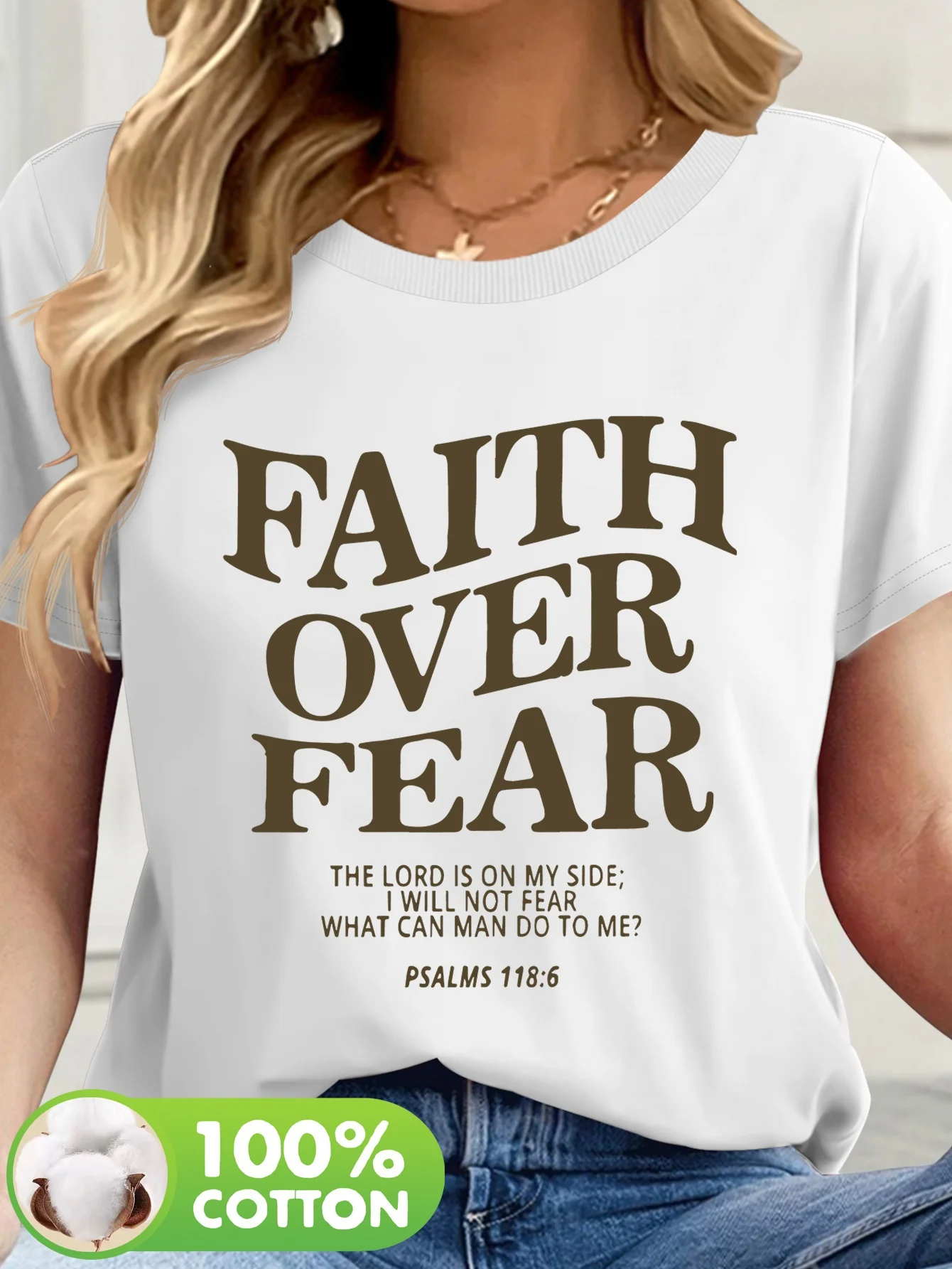 Women 100 Percent Faith Over Fear Bible Verse TShirt Christian Inspirational Short Sleeve Round Neck Casual Top Psalms 234 Print