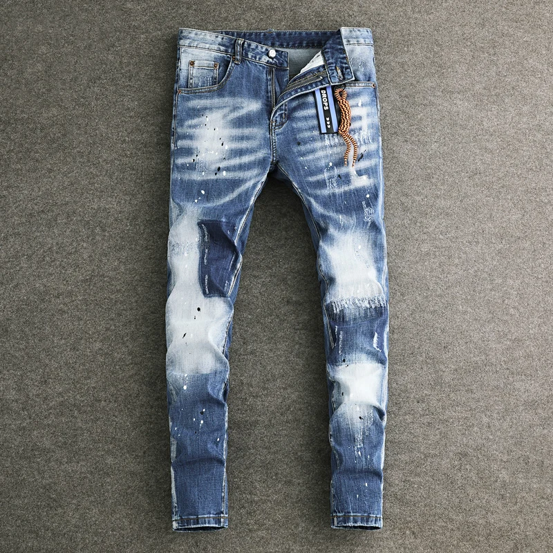Men's Jeans Blue Gradient Faded Stretch Skinny Jeans Distressed Splash Paint Hanging Rope Design Fashion Street Denim JeansY2K