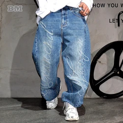 High End Men'S Clothing Korean Fashion Baggy Jeans For Men Distressed Letter Ripped Jeans Streetwear Skateboard Denim Pants Male