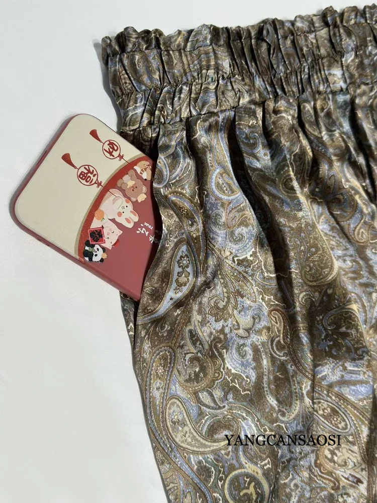 100% calças de seda amoreira natural, shorts femininos estampados de cetim, calças casuais com design de bolso de cintura elástica, 2026 primavera/verão novo