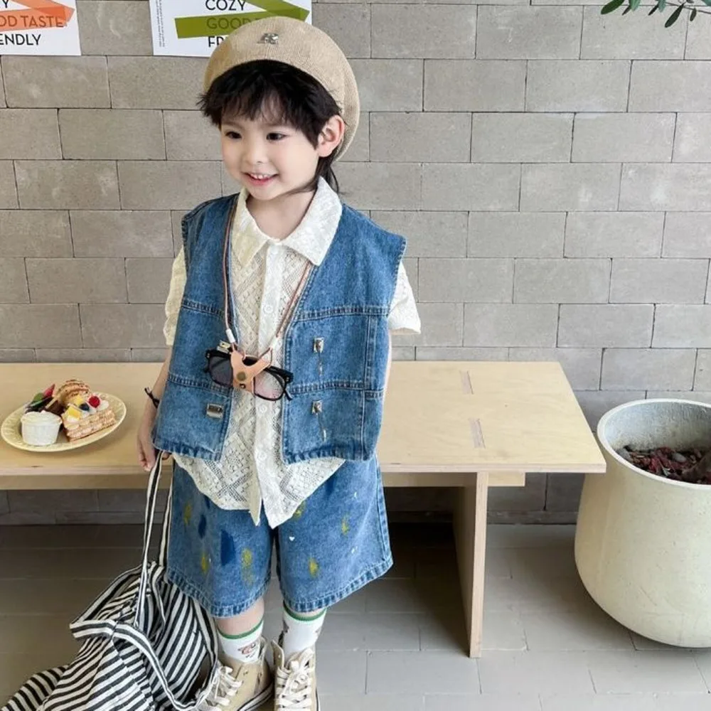 Boys' Button Shirt Denim Vest Jeans Set 3 Pieces Summer Suits Children's Korean Hollowed Out Breathable Crochet Shorts Sets