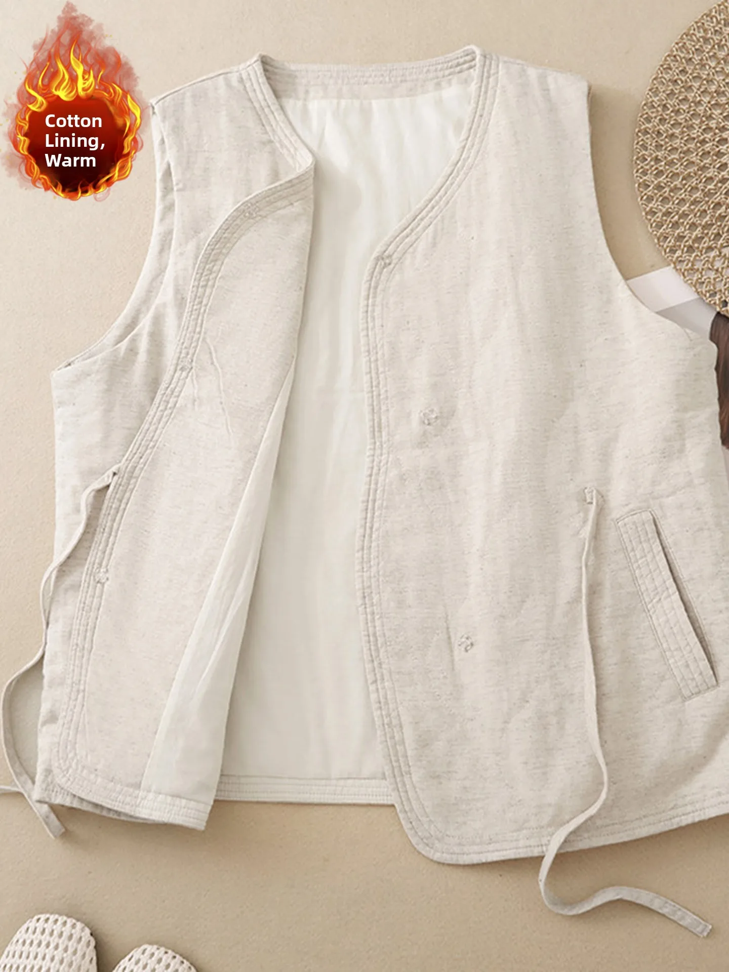 Winter New plus Size Women's Thickened Cotton Linen Vest Jacket V-Neck Tie-Dye Artistic Style Sleeveless Outerwear Coat