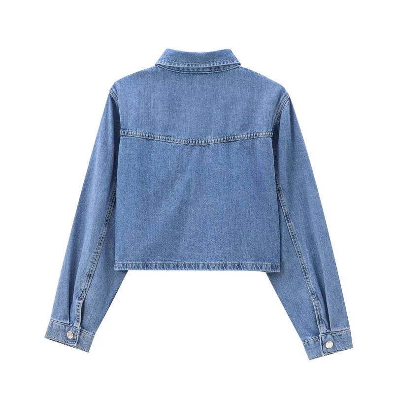 KEYANKETIAN 2024 New Women Cropped Denim Shirt Autumn American Retro Pockets Single Breasted Oversize Casual Blouses Female Top