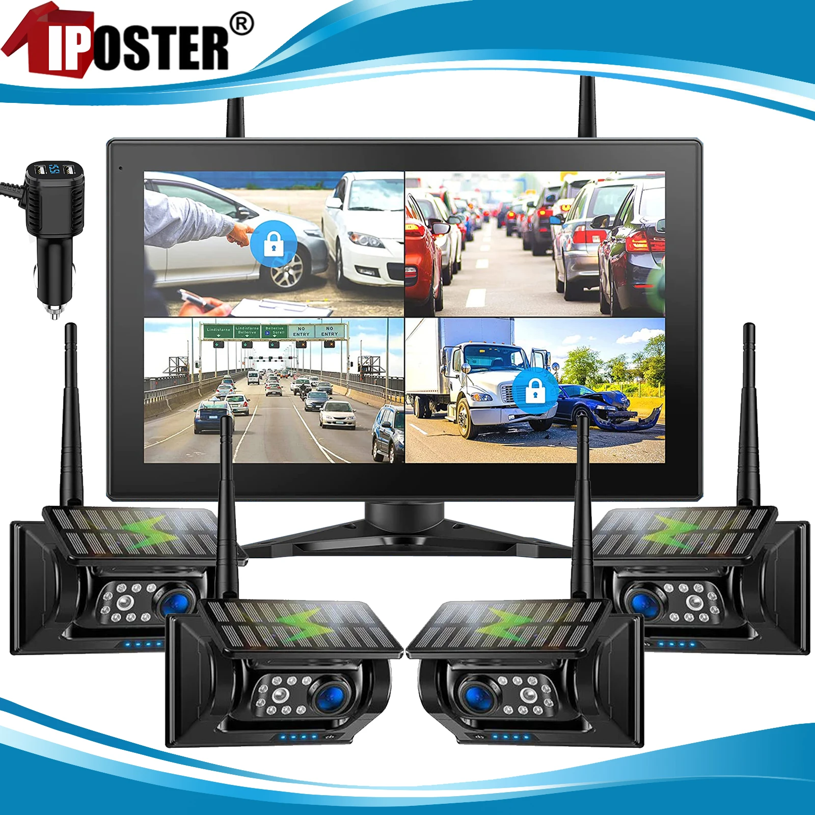 

iPoster 10'' AHD Digital Wireless DVR Recorder Solar Reverse Backup Camera Touch Screen Monitor For Truck/Trailer/RV/Pickups