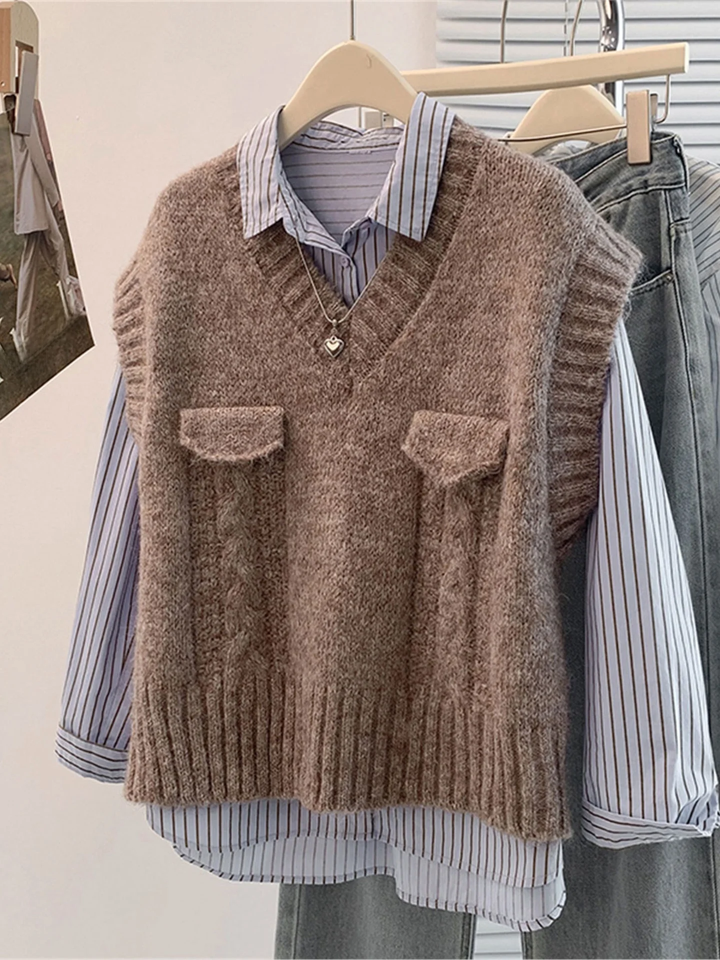 

Женский вязаный жилет Cé Brown Lazy Sle с V-образным вырезом, модный весенний топ, большие размеры, для многослойного ношения