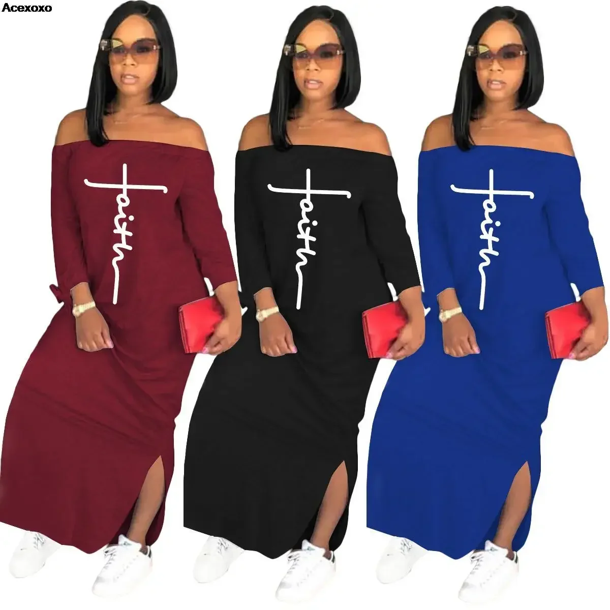 

Summer women's new fashion casual temperament printed shoulder side slit dress