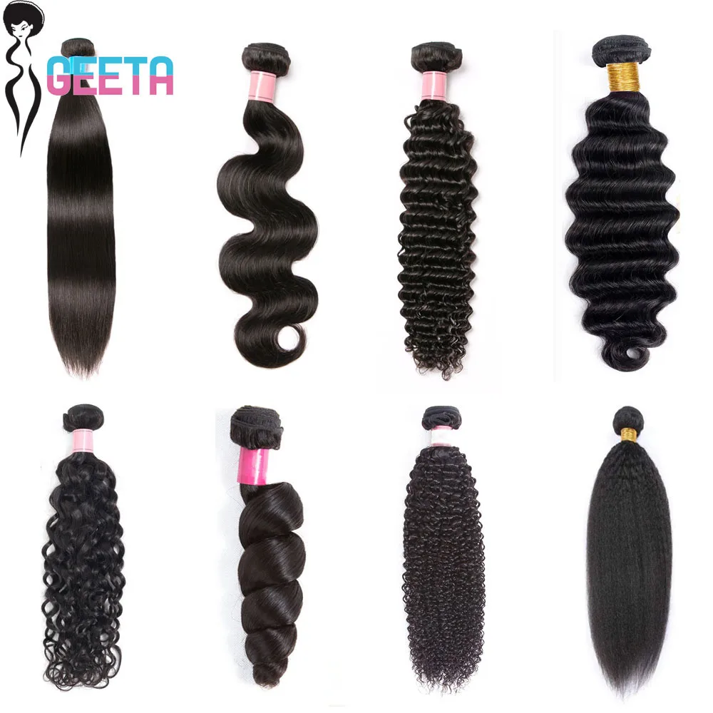 

Волосы Geeta, 1 пучок, предложения для всех текстур, 100% пучки человеческих волос, наращивание волос Remy, прямые/объемные волны/глубокие волны, пучки