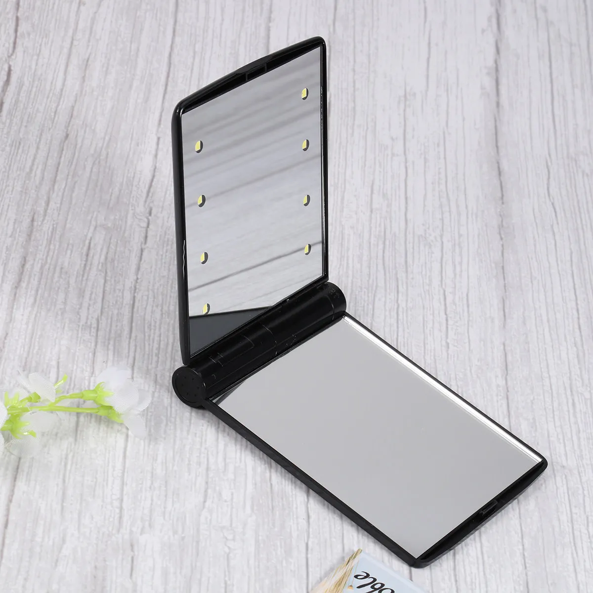 LED Makeup Mirror Compact Portable Folding Black 8 LED Lights Collapsible Lightweight Hd Reflection Travel Vanity Mirror