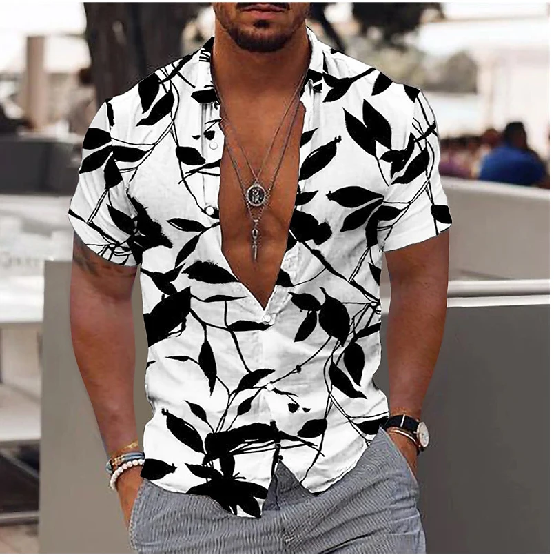 HD picture leaf men's shirt summer Hawaiian daily wear comfortable and soft long-sleeved shirt fashionable button design