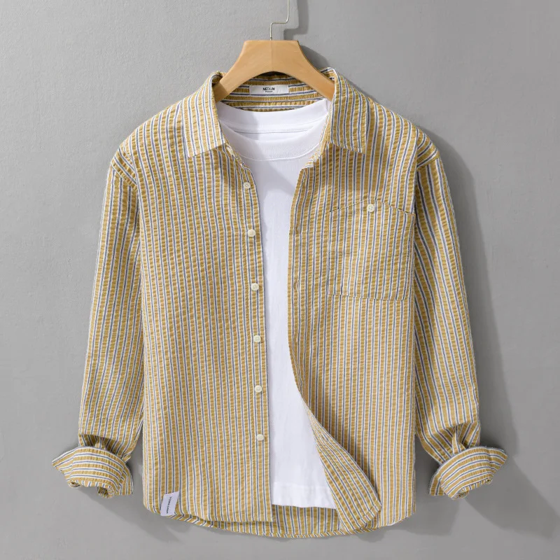 

Мужская повседневная рубашка с длинным рукавом, с пузырчатой текстурой, осенняя, дышащая, универсальный дизайн, полосатый узор, мягкий блеск, полиэстер, хлопок...