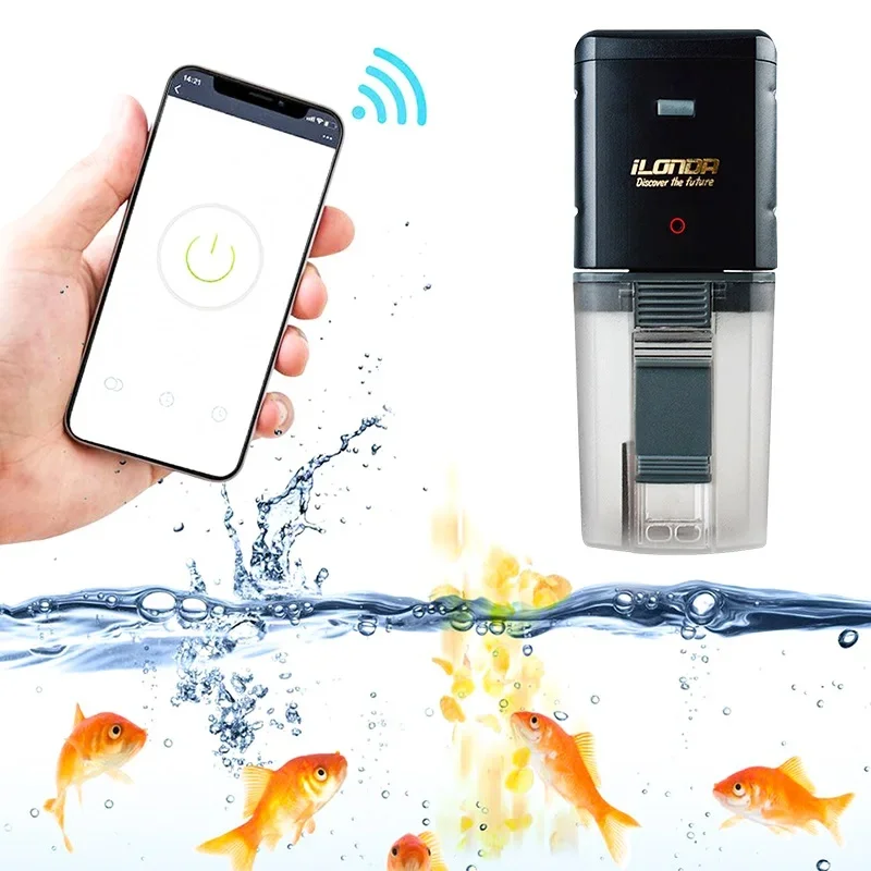 Automatic Aquarium Fish Tank Food Feeder Wifi Wireless Digital Display Black Intelligent Speaker Voice Fish Feeder