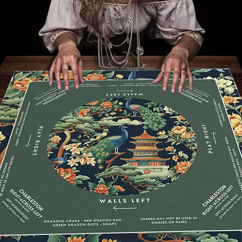 VIKAMA Vintage Oriental Floral Peacock Mahjong Table Mat American Mahjong Game Guide Non Slip Indoor Gaming Desk Pad