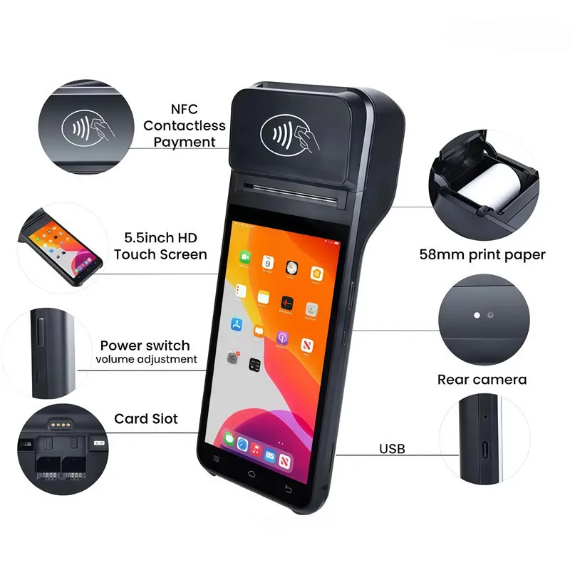 Handheld 5.5-inch Touch Screen POS Terminal 4G Mobile Payment Cash Register with NFC Scanner 58mm Thermal Printer for Business