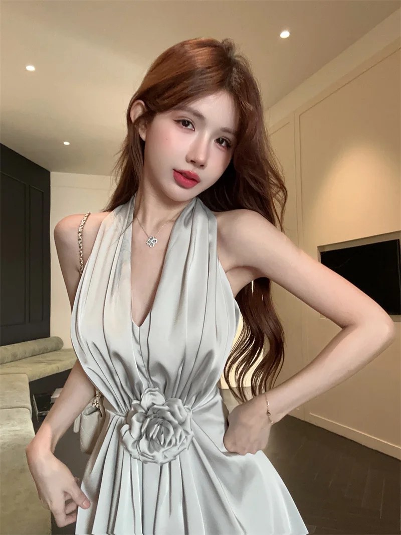 

Summer Elegant V-Neck Hanging Neck Satin Slimming Pleated A-Line Dress Floral Print Korean Style Commute Casual plus Size