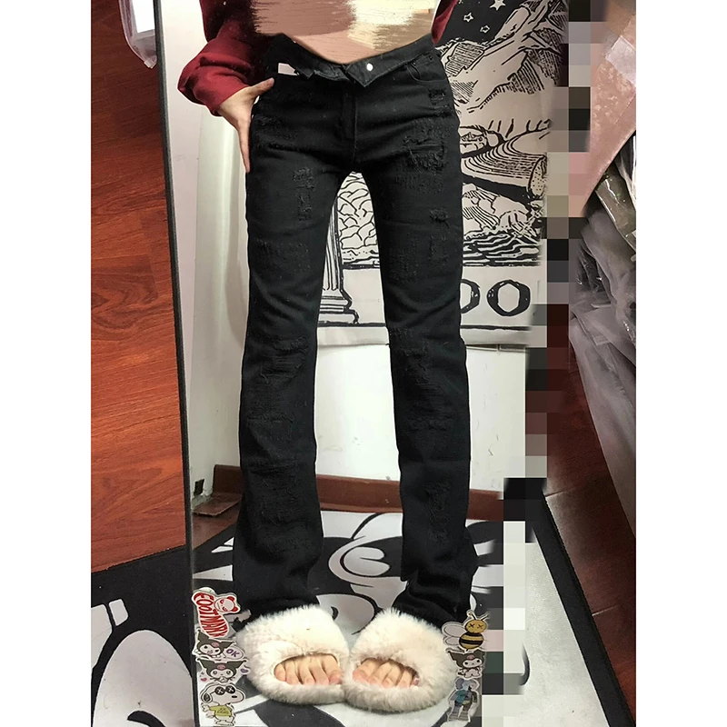 PBAP Destroyed Frauen Gerade Jeans Plus Größe Raw Edge Feste Beiläufige Taschen Cleanfit Niedrige Taille Lange Hosen Hip Hop Streetwear