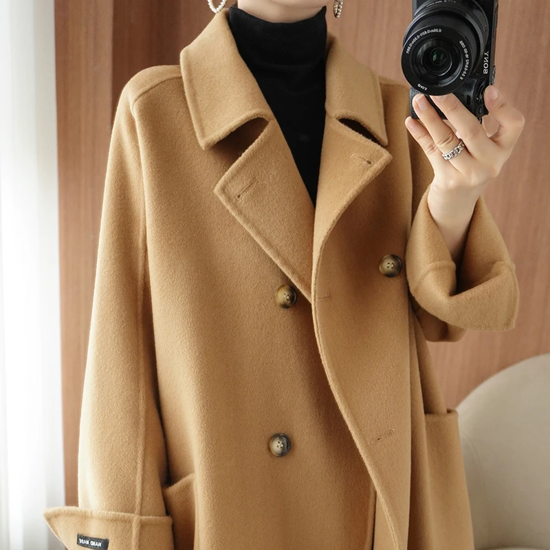 Autumn And Winter New 100% Wool Coat Women\'s Double-Sided Woolen Coat Medium Long Thick Double Breasted Windbreaker