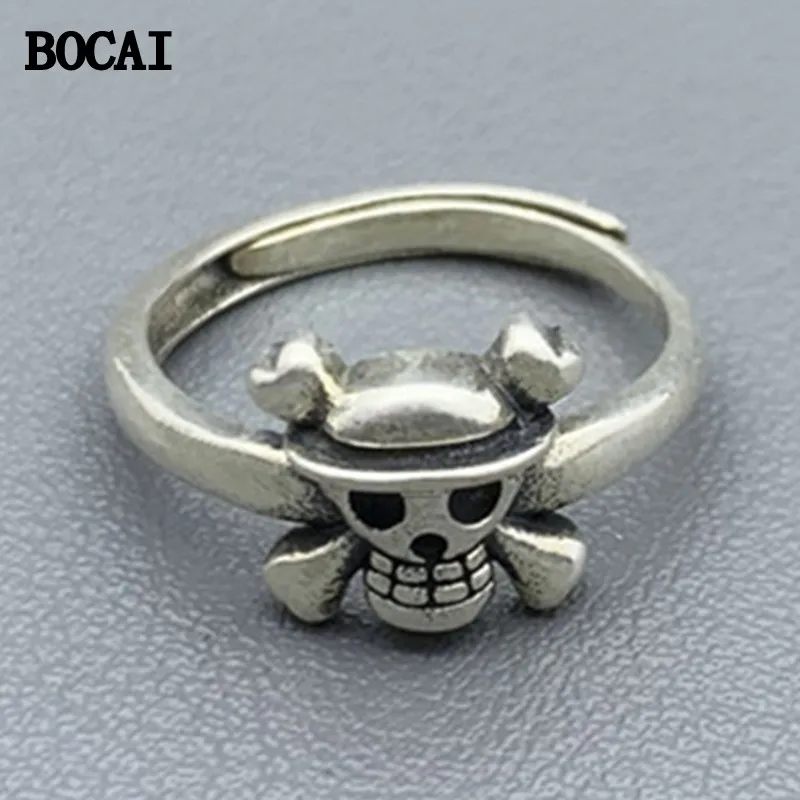 BOCAI New S925 Sterling Silver Retro Distressed Open Adjustable Cartoon Pirate Straw Hat Skull Head Women's Ring