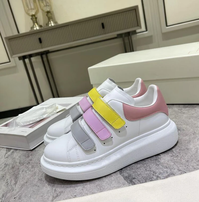 Autumn Spring Fashion Multicolor Hook Loop Genuine Leather Couple Casual Shoes Round Head Thick Sole Platform Flat Sneaker Shoes