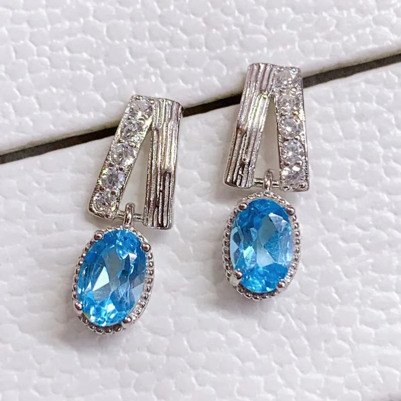 Blue Topaz Earrings 925 Sterling Silver Light Luxury Oval Stud Earrings 6*4mm Elegant Woman's Earring 2024