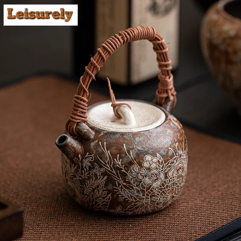 

230ml Retro Old Rock Mud Vine Weaving Beam Teapot Flower Gilded Silver Pot Tea Brewing Kettle Ball Filter Kung Fu Teaset Gifts